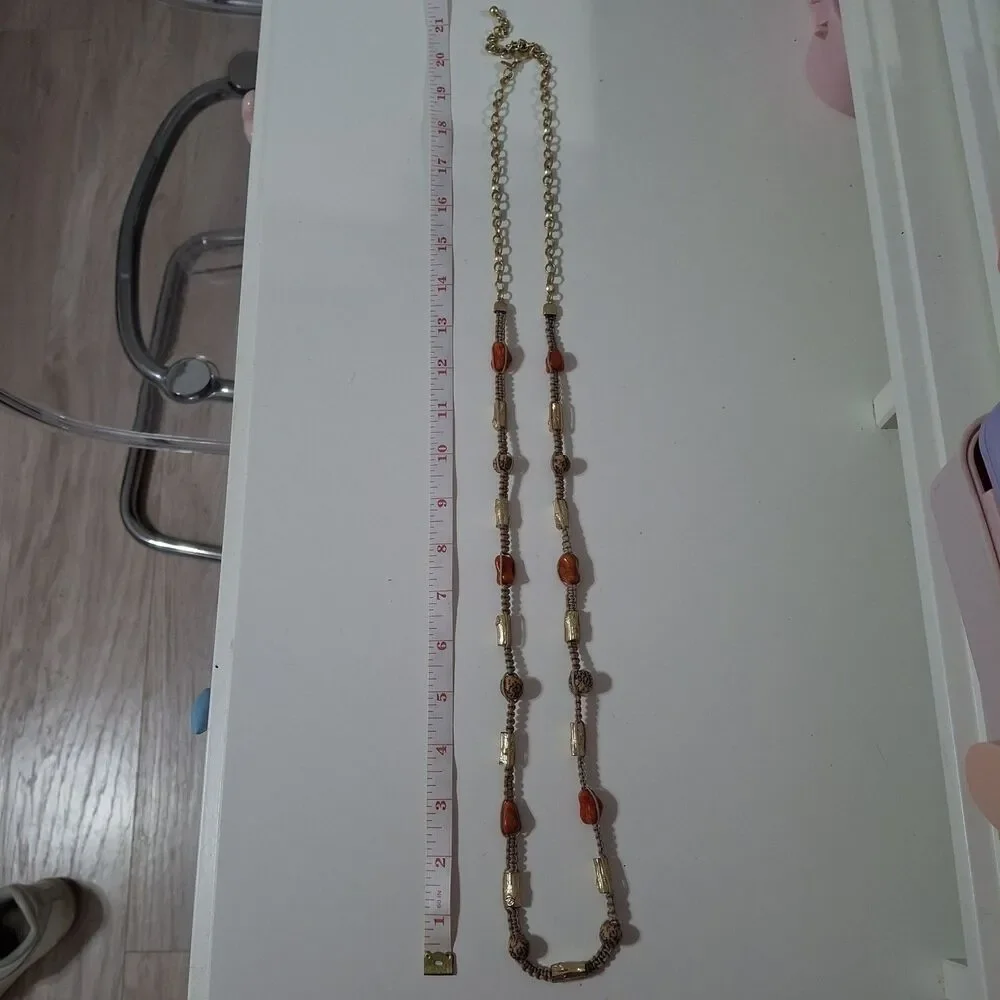 Chicos Long Orange Stone Rock Brown Woven Fabric Gold Tone Statement Necklace